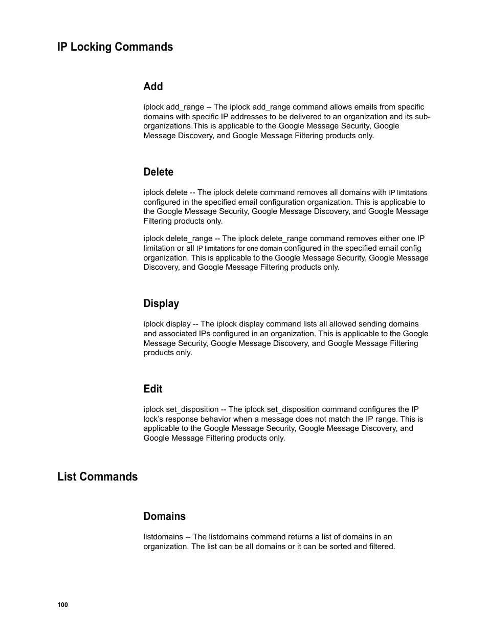 Ip locking commands, Delete, Display | Edit, List commands, Domains, Ip locking commands list commands | Google Message Security Batch Reference Guide User Manual | Page 98 / 561