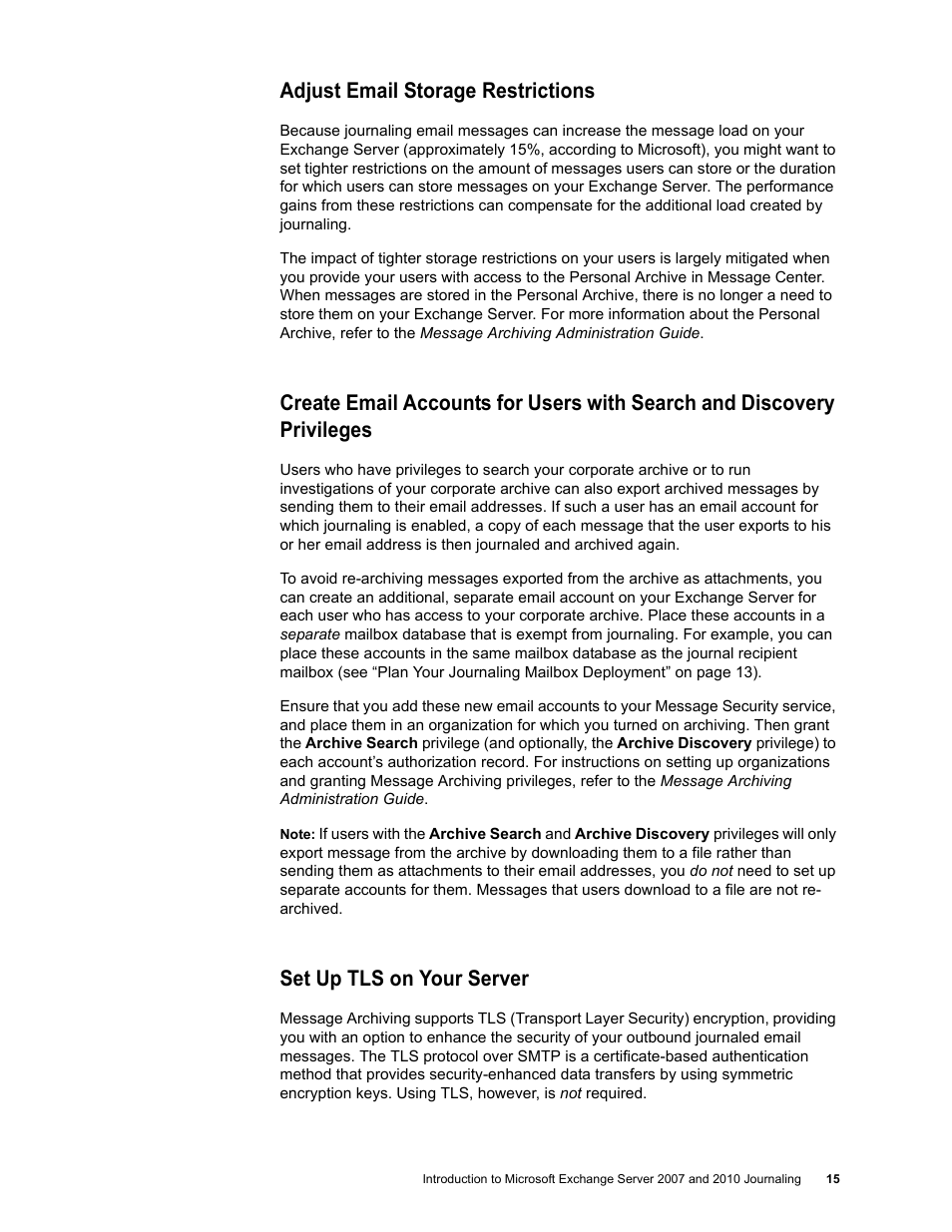 Adjust email storage restrictions, Set up tls on your server | Google Message Archiving Microsoft Exchange Journaling Configuration Guide For Exchange Server 2007 and 2010 User Manual | Page 13 / 33