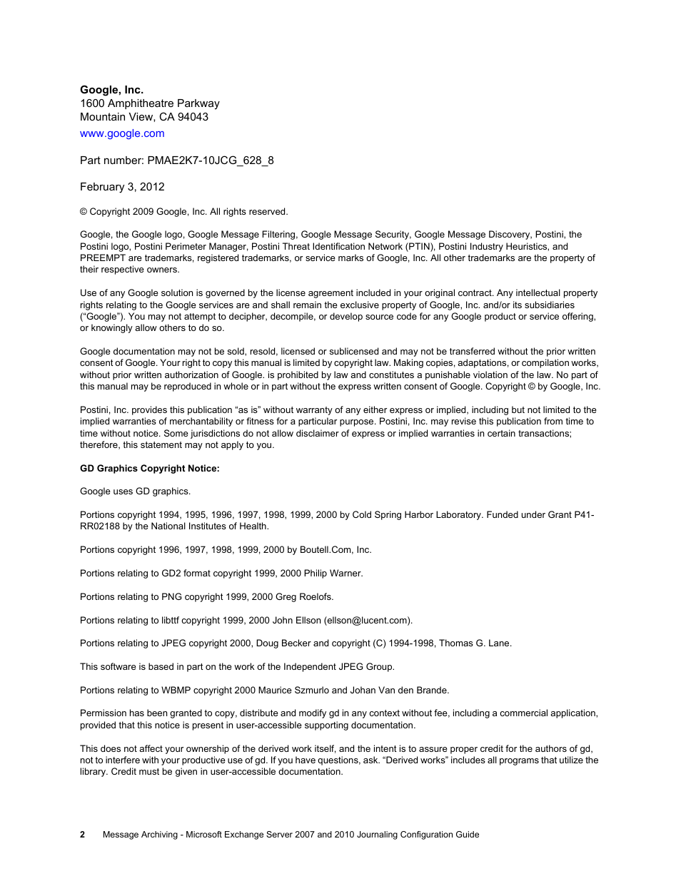 Google Message Archiving Microsoft Exchange Journaling Configuration Guide For Exchange Server 2007 and 2010 User Manual | Page 2 / 33