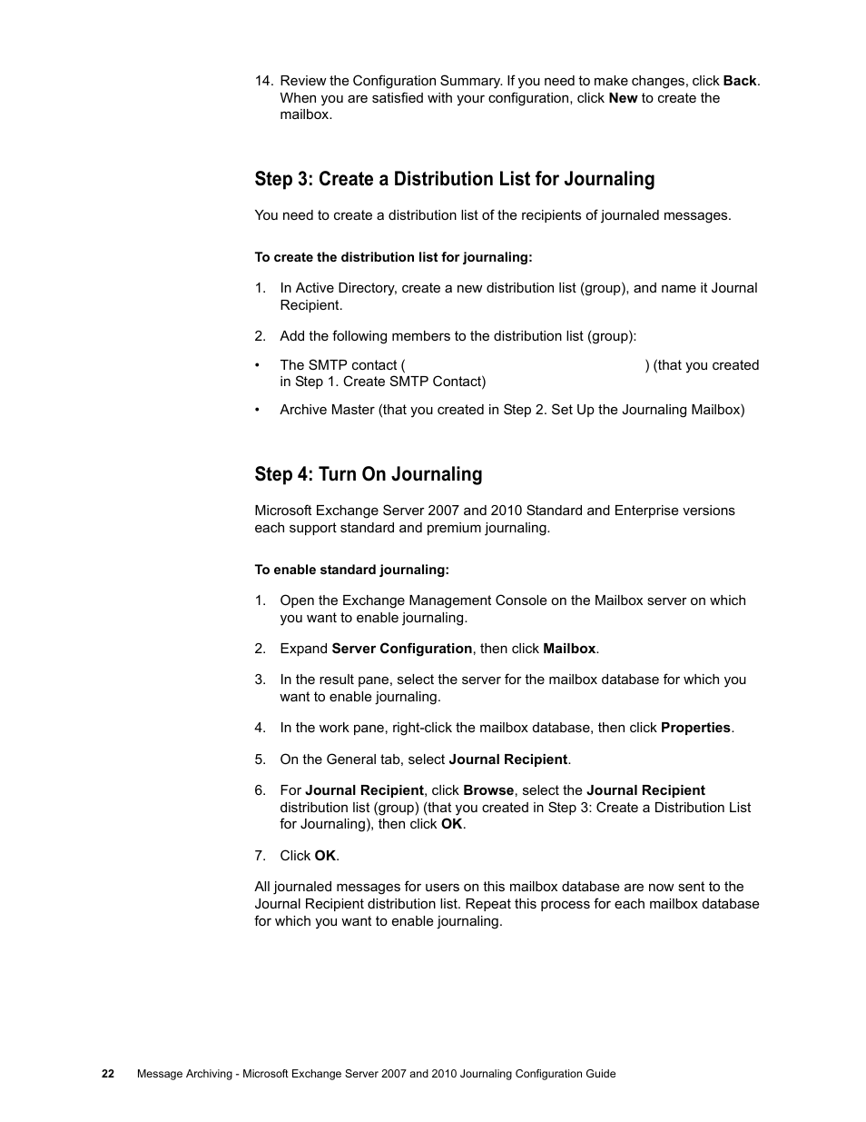 Step 3: create a distribution list for journaling, Step 4: turn on journaling | Google Message Archiving Microsoft Exchange Journaling Configuration Guide For Exchange Server 2007 and 2010 User Manual | Page 20 / 33