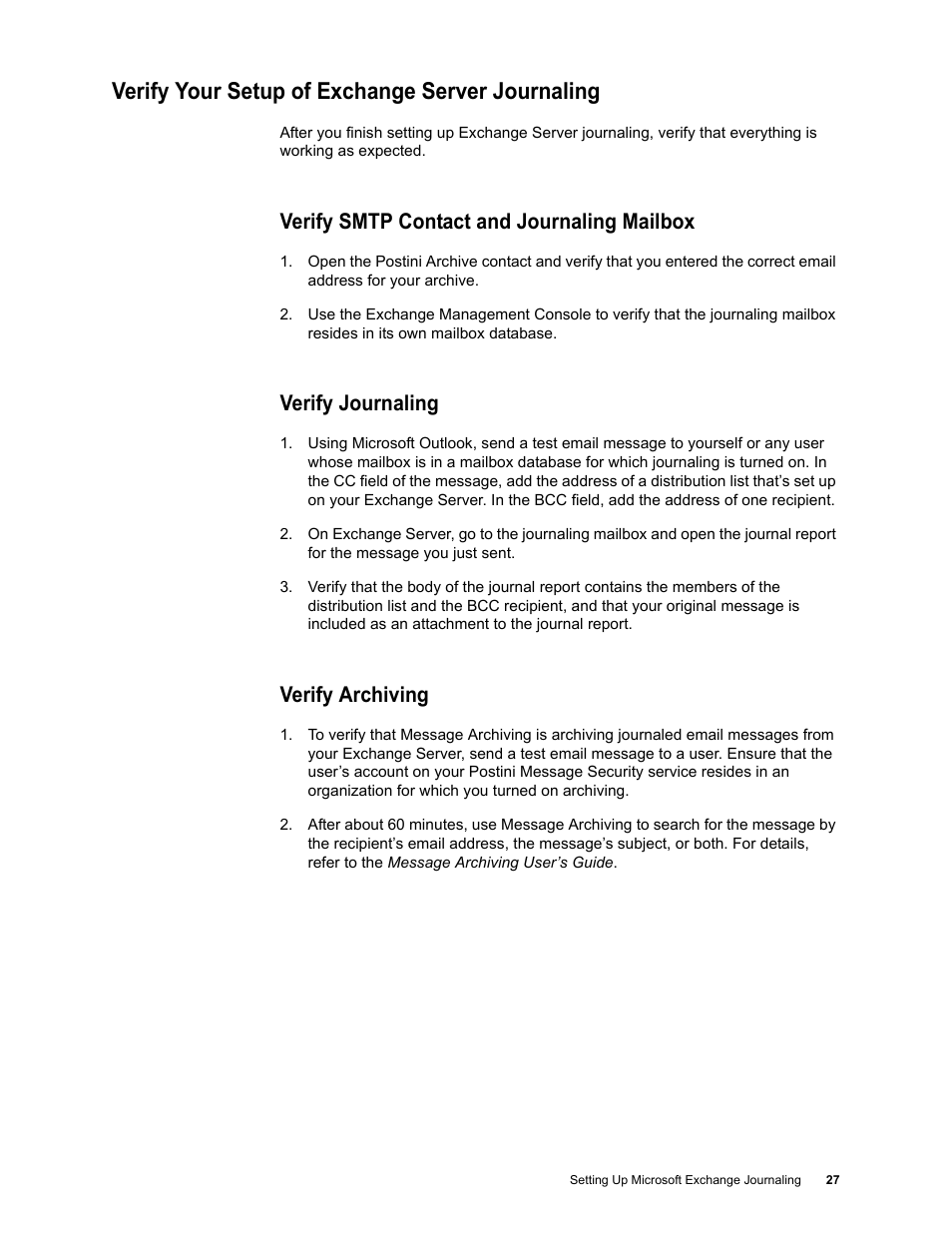 Verify your setup of exchange server journaling, Verify smtp contact and journaling mailbox, Verify journaling | Verify archiving | Google Message Archiving Microsoft Exchange Journaling Configuration Guide For Exchange Server 2007 and 2010 User Manual | Page 25 / 33