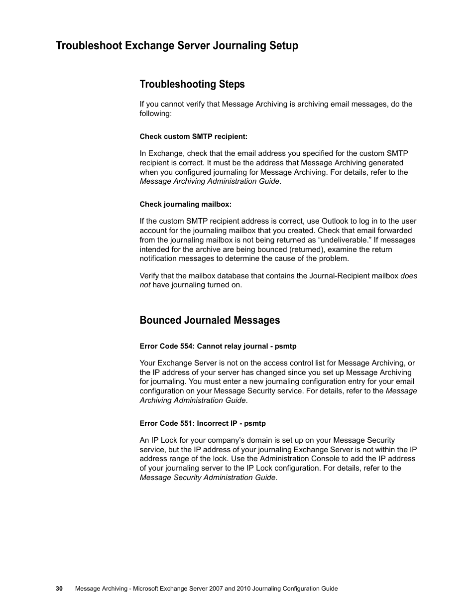 Troubleshoot exchange server journaling setup, Troubleshooting steps, Bounced journaled messages | Troubleshooting steps bounced journaled messages | Google Message Archiving Microsoft Exchange Journaling Configuration Guide For Exchange Server 2007 and 2010 User Manual | Page 28 / 33