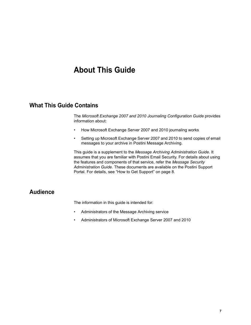 About this guide, What this guide contains, Audience | About this guide what this guide contains | Google Message Archiving Microsoft Exchange Journaling Configuration Guide For Exchange Server 2007 and 2010 User Manual | Page 6 / 33