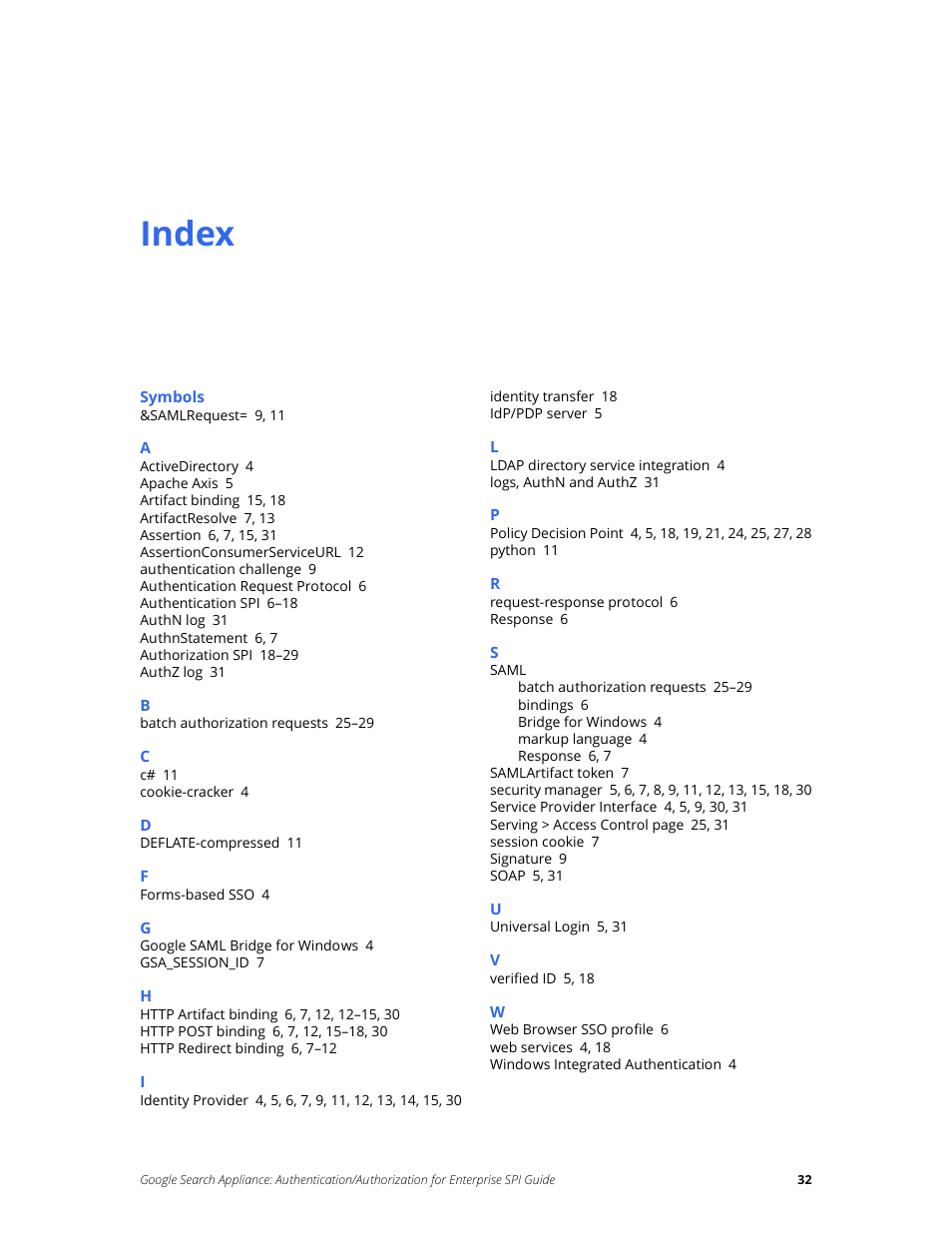 Index | Google Search Appliance Authentication/Authorization for Enterprise SPI Guide User Manual | Page 32 / 33