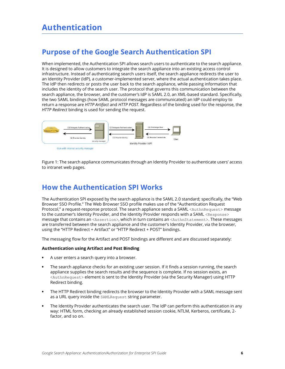 Authentication, Purpose of the google search authentication spi, How the authentication spi works | Google Search Appliance Authentication/Authorization for Enterprise SPI Guide User Manual | Page 6 / 33