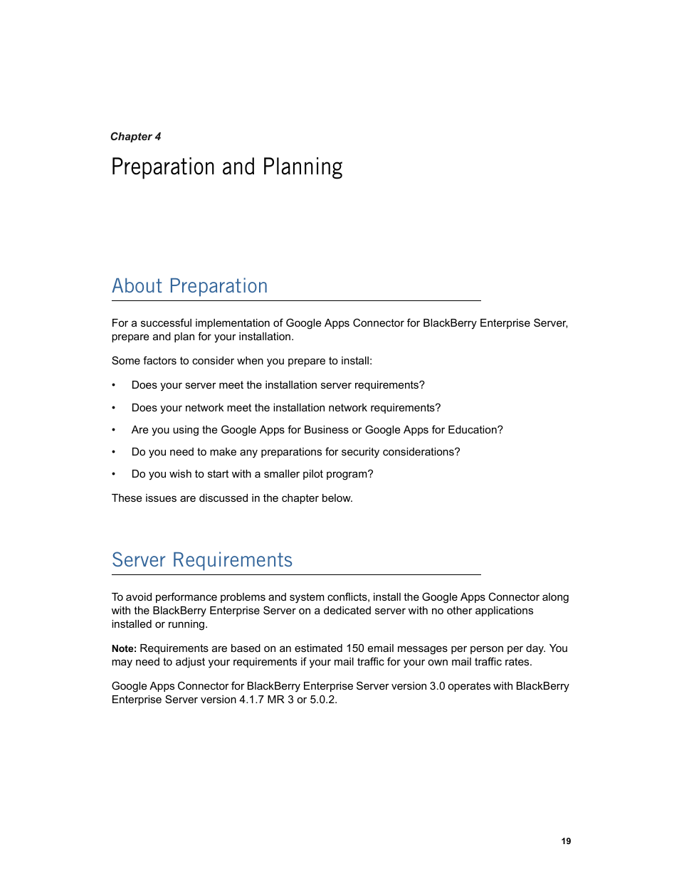 Preparation and planning, About preparation, Server requirements | Google Apps Connector for BlackBerry Enterprise Server Installation and Administration Guide User Manual | Page 19 / 70