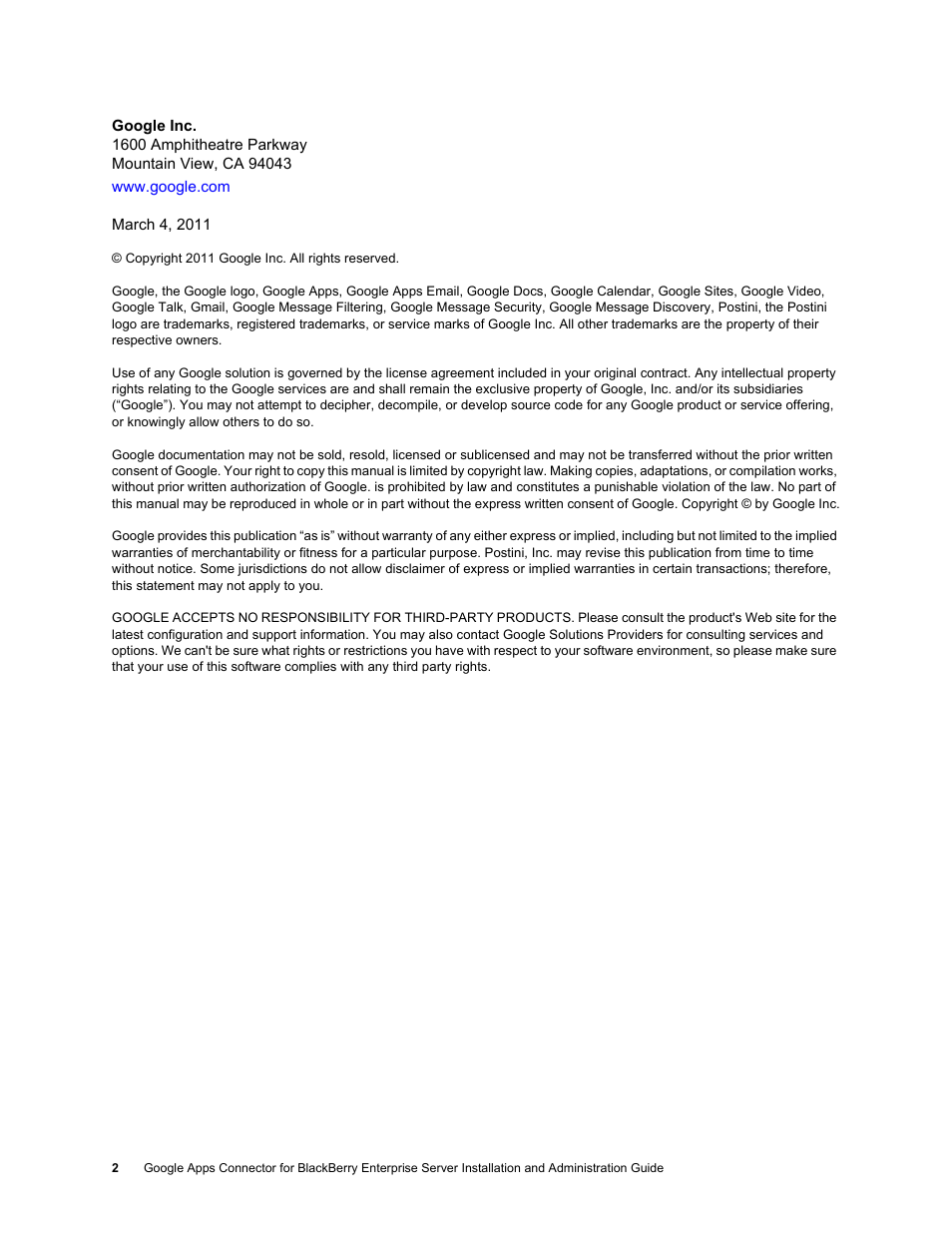 Google Apps Connector for BlackBerry Enterprise Server Installation and Administration Guide User Manual | Page 2 / 70