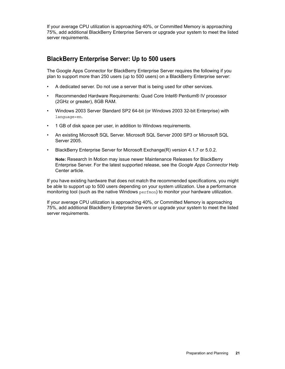 Blackberry enterprise server: up to 500 users | Google Apps Connector for BlackBerry Enterprise Server Installation and Administration Guide User Manual | Page 21 / 70