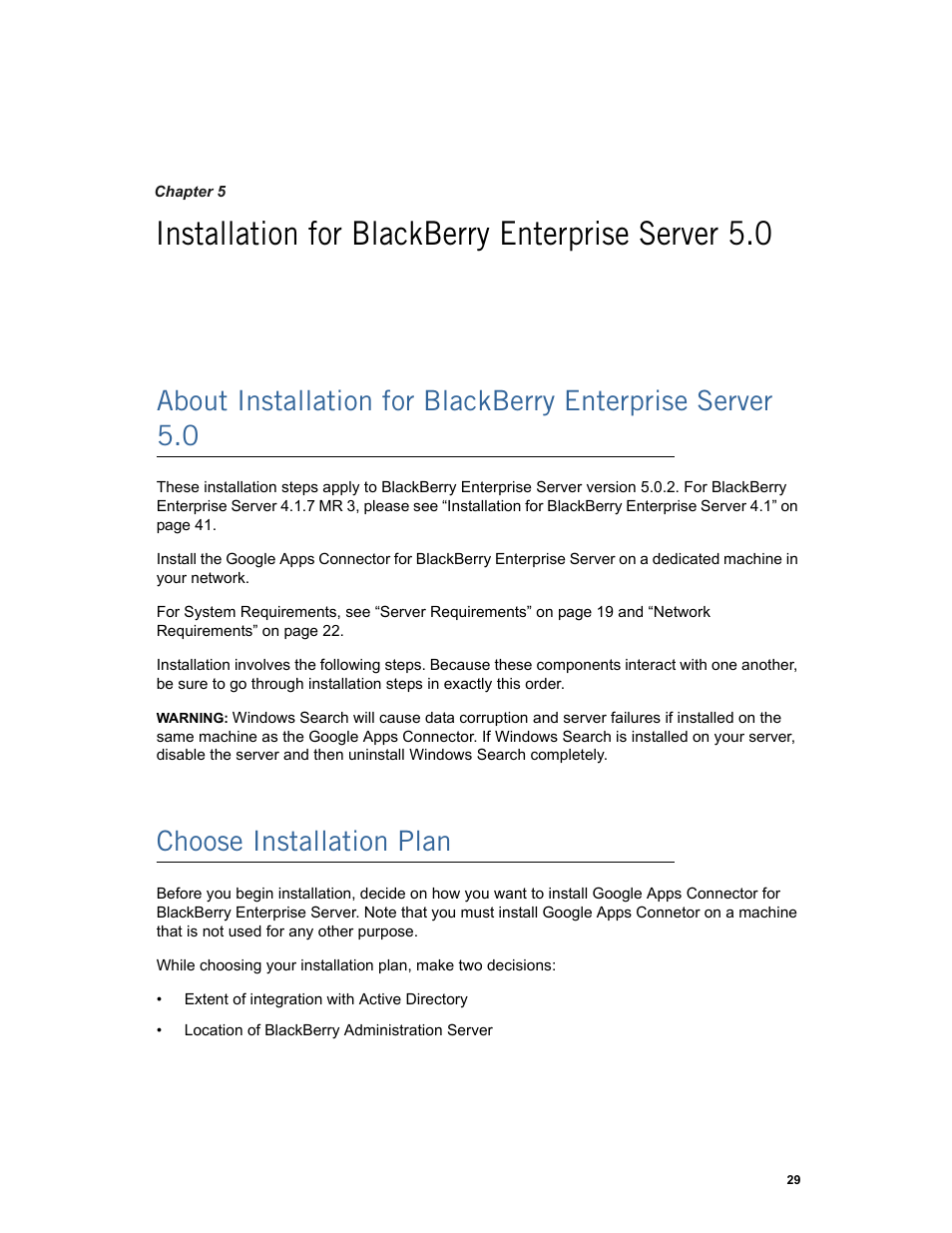 Installation for blackberry enterprise server 5.0, Choose installation plan | Google Apps Connector for BlackBerry Enterprise Server Installation and Administration Guide User Manual | Page 29 / 70