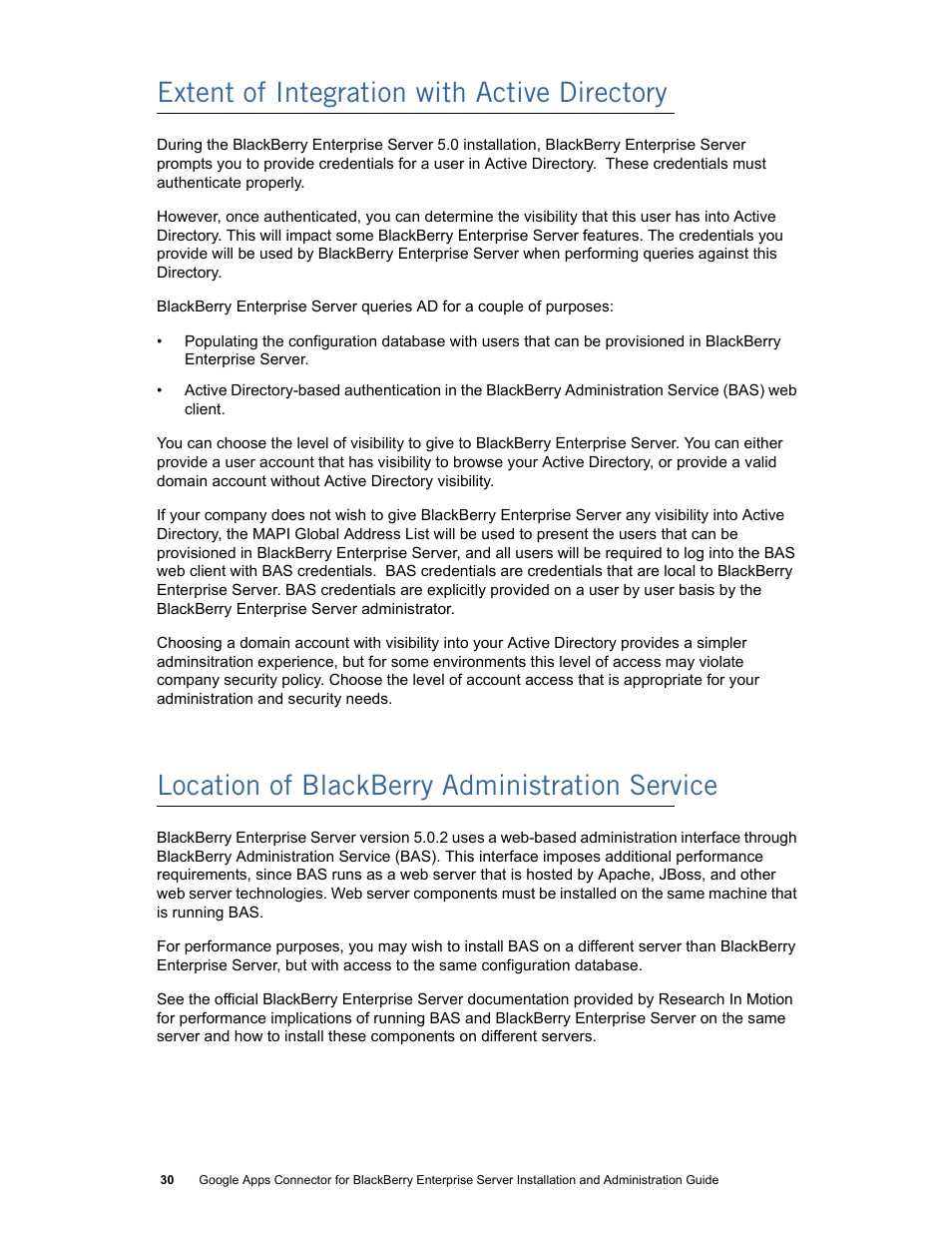 Extent of integration with active directory, Location of blackberry administration service | Google Apps Connector for BlackBerry Enterprise Server Installation and Administration Guide User Manual | Page 30 / 70