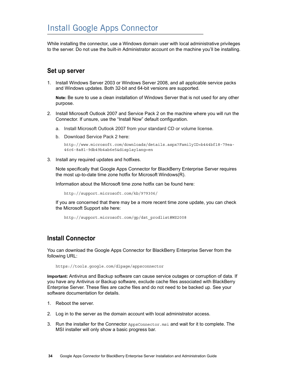 Install google apps connector, Set up server, Install connector | Google Apps Connector for BlackBerry Enterprise Server Installation and Administration Guide User Manual | Page 34 / 70
