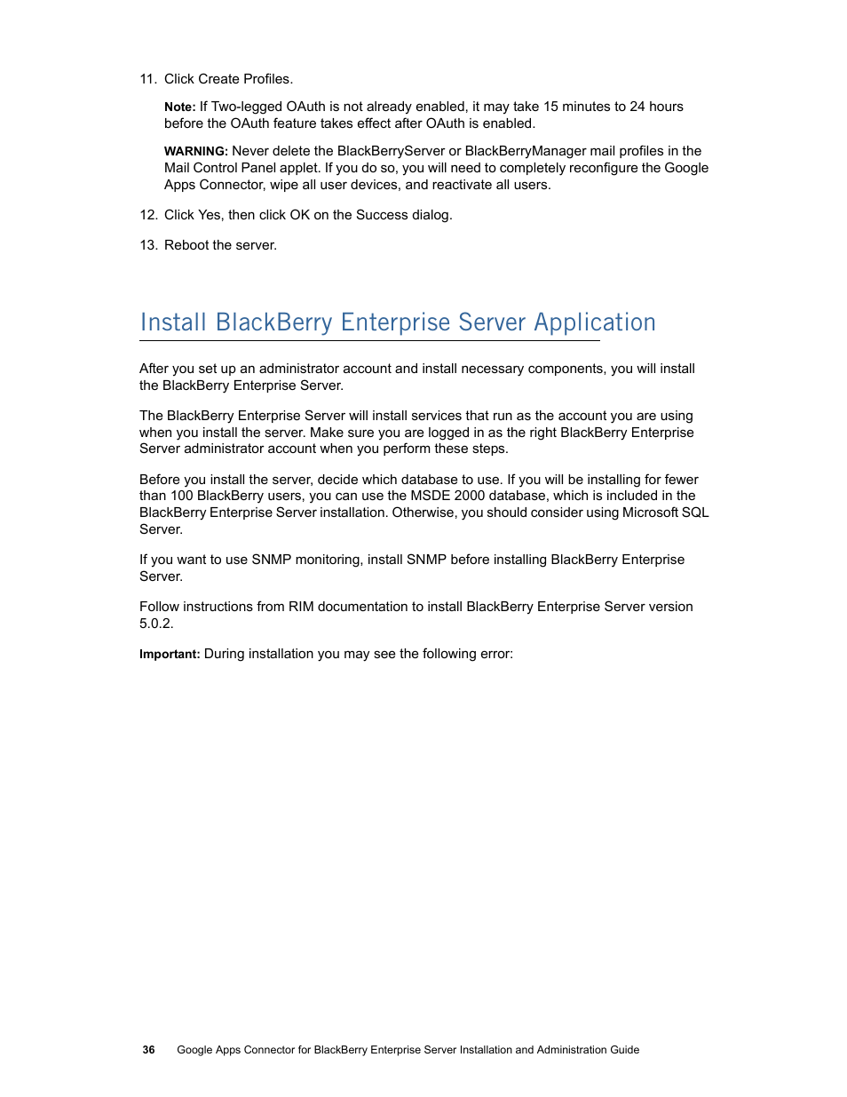 Install blackberry enterprise server application | Google Apps Connector for BlackBerry Enterprise Server Installation and Administration Guide User Manual | Page 36 / 70