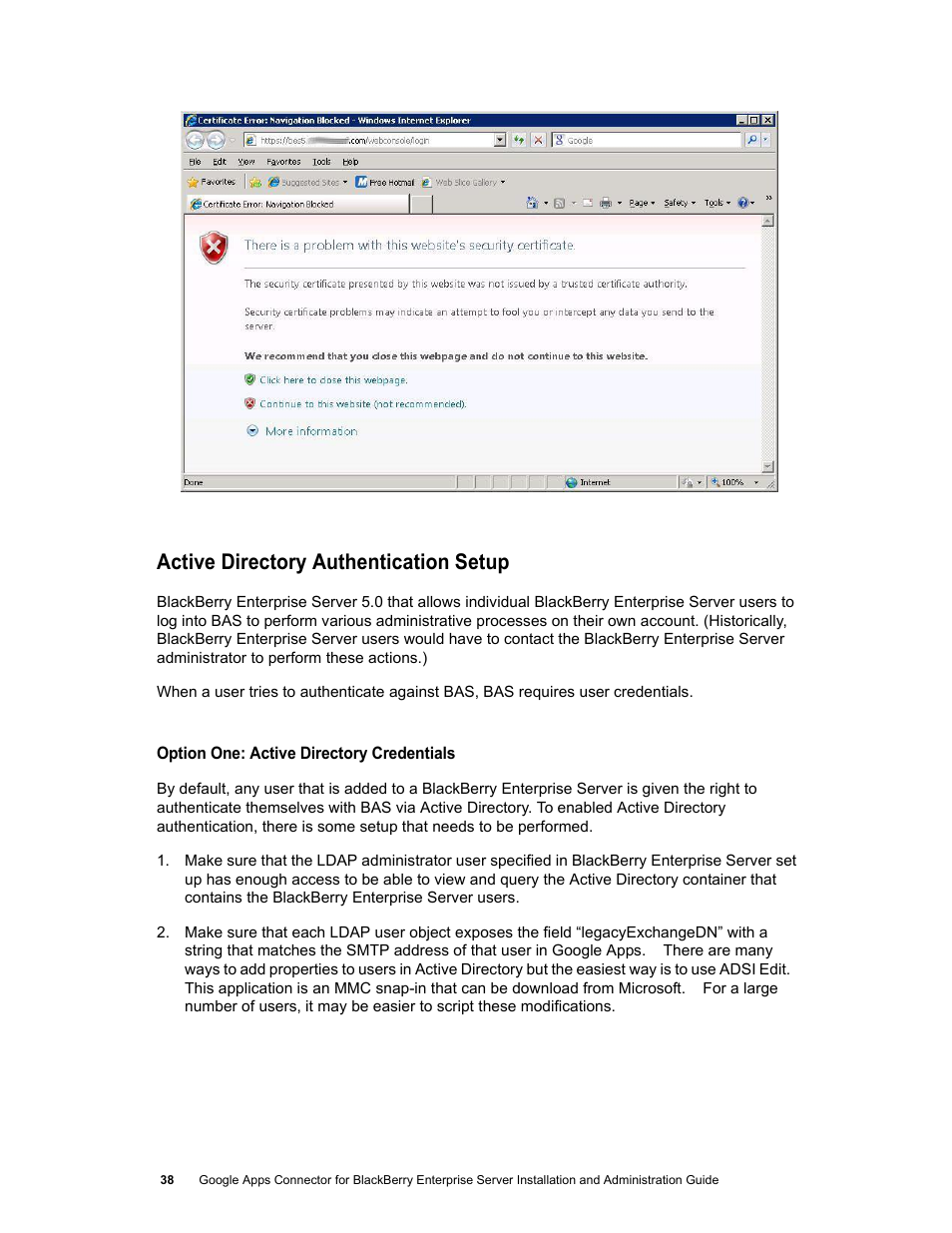 Active directory authentication setup | Google Apps Connector for BlackBerry Enterprise Server Installation and Administration Guide User Manual | Page 38 / 70