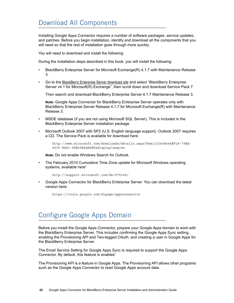 Download all components, Configure google apps domain | Google Apps Connector for BlackBerry Enterprise Server Installation and Administration Guide User Manual | Page 42 / 70