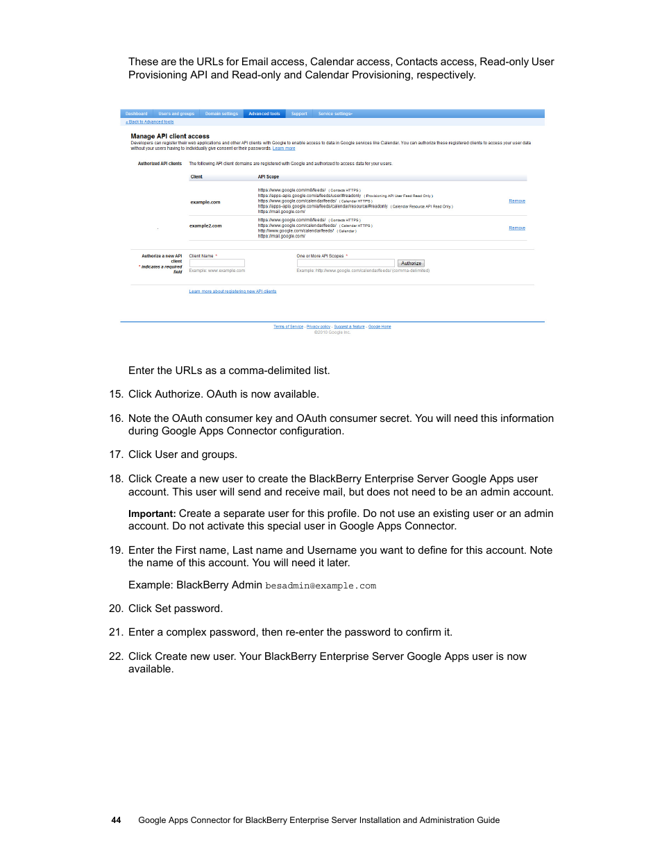 Google Apps Connector for BlackBerry Enterprise Server Installation and Administration Guide User Manual | Page 44 / 70