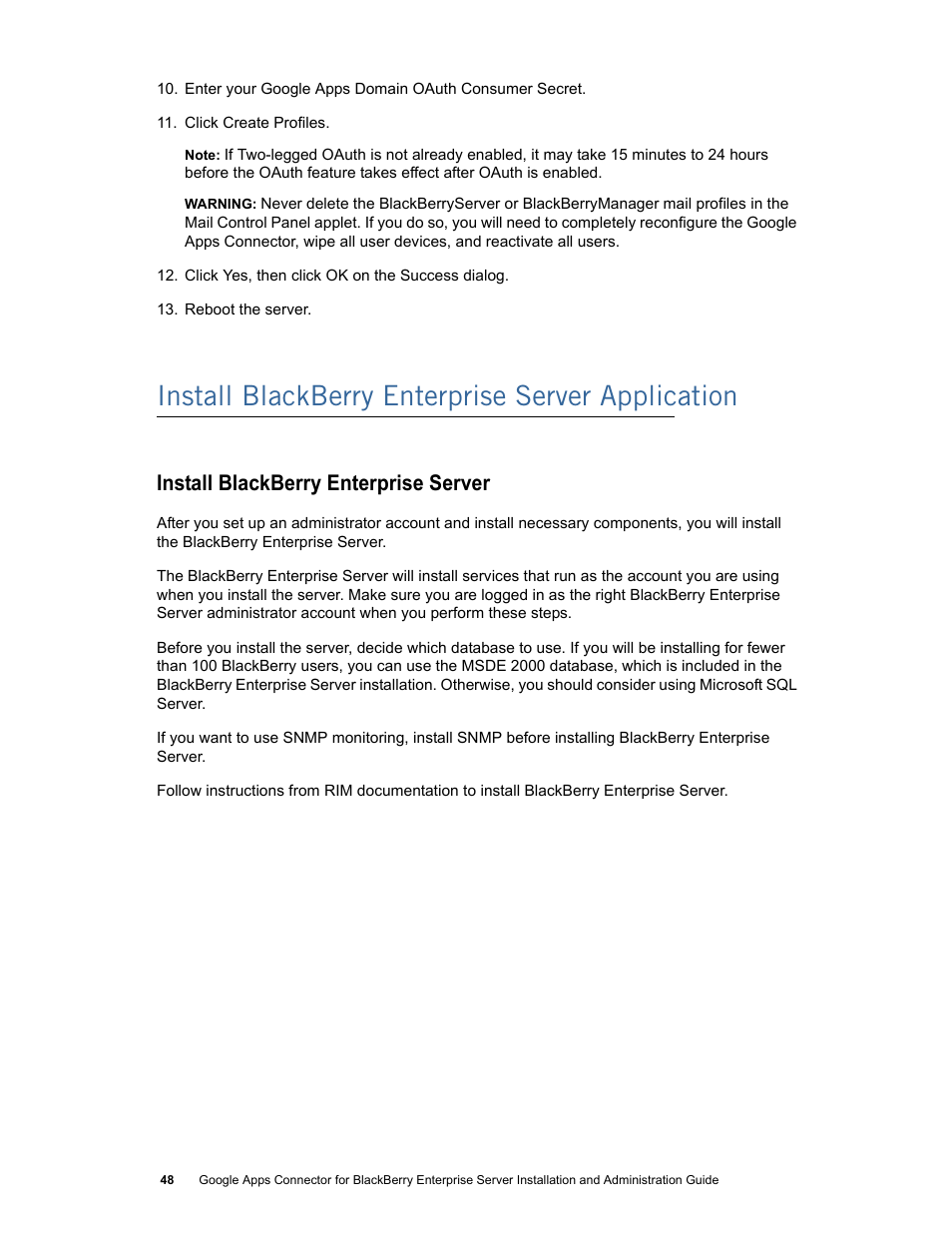 Install blackberry enterprise server application, Install blackberry enterprise server | Google Apps Connector for BlackBerry Enterprise Server Installation and Administration Guide User Manual | Page 48 / 70
