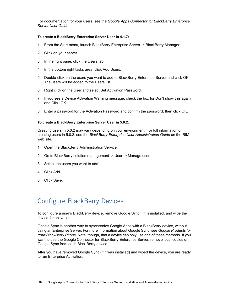 Configure blackberry devices | Google Apps Connector for BlackBerry Enterprise Server Installation and Administration Guide User Manual | Page 50 / 70