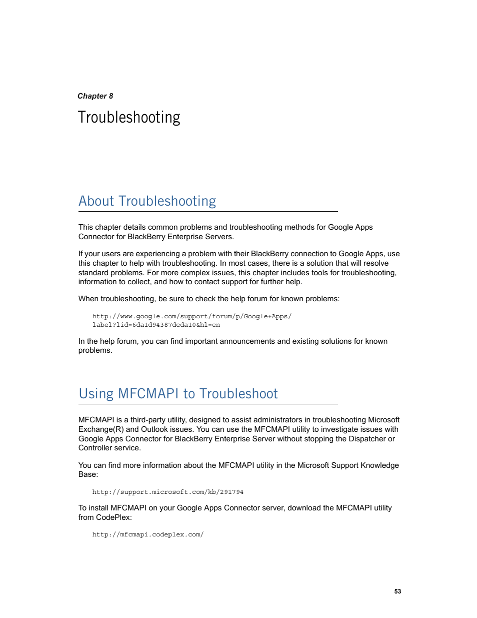 Troubleshooting, About troubleshooting, Using mfcmapi to troubleshoot | Google Apps Connector for BlackBerry Enterprise Server Installation and Administration Guide User Manual | Page 53 / 70