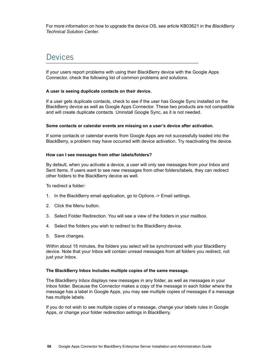 Devices | Google Apps Connector for BlackBerry Enterprise Server Installation and Administration Guide User Manual | Page 58 / 70