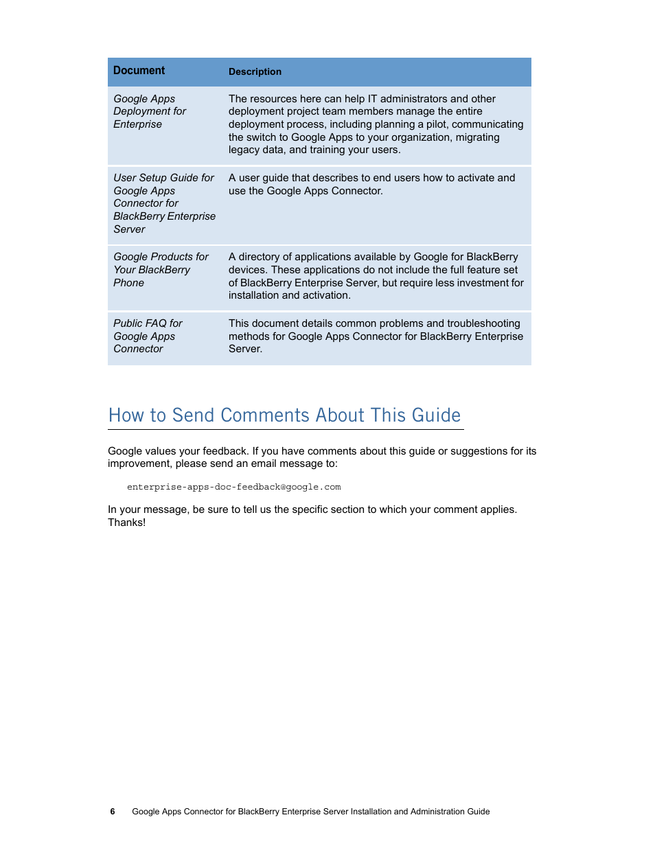 How to send comments about this guide | Google Apps Connector for BlackBerry Enterprise Server Installation and Administration Guide User Manual | Page 6 / 70