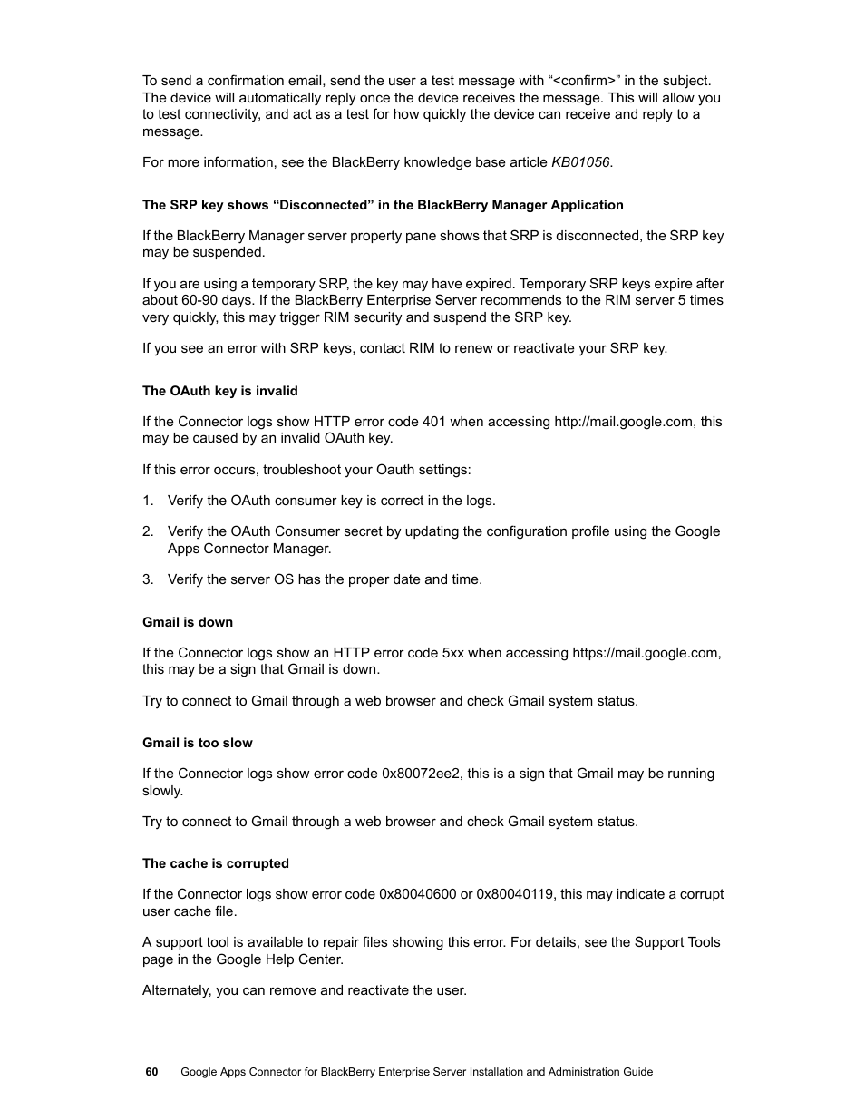 Google Apps Connector for BlackBerry Enterprise Server Installation and Administration Guide User Manual | Page 60 / 70
