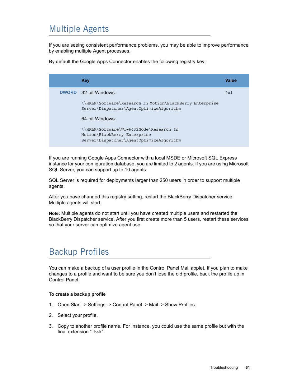 Multiple agents, Backup profiles, Multiple agents backup profiles | Google Apps Connector for BlackBerry Enterprise Server Installation and Administration Guide User Manual | Page 61 / 70