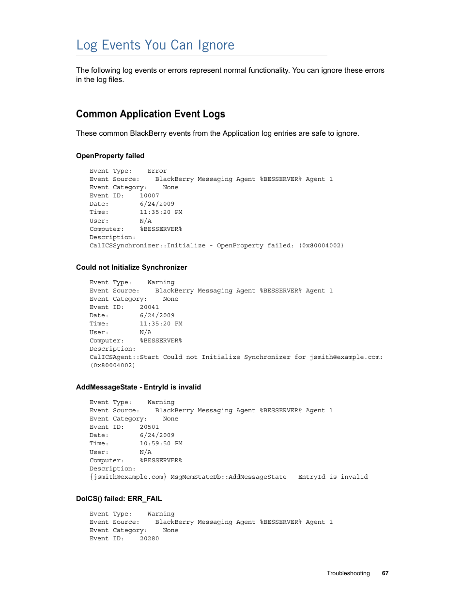 Log events you can ignore, Common application event logs | Google Apps Connector for BlackBerry Enterprise Server Installation and Administration Guide User Manual | Page 67 / 70