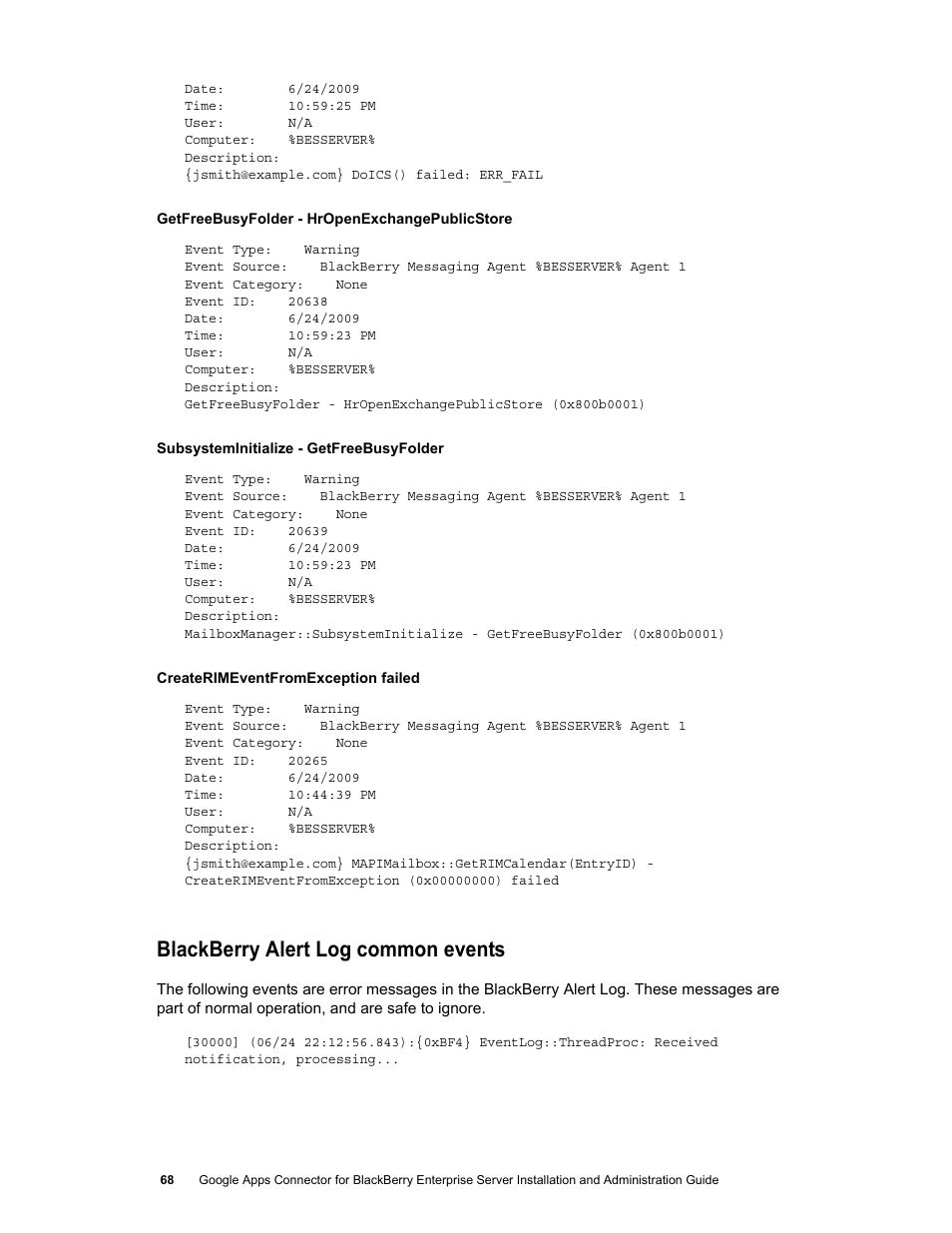 Blackberry alert log common events | Google Apps Connector for BlackBerry Enterprise Server Installation and Administration Guide User Manual | Page 68 / 70