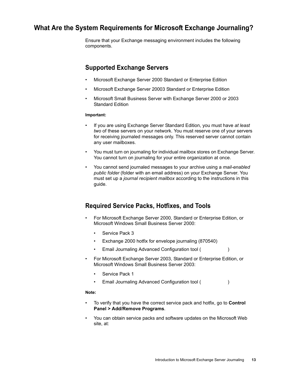 Supported exchange servers, Required service packs, hotfixes, and tools | Google Message Archiving Microsoft Exchange Journaling Configuration Guide For Exchange Server 2000 and 2003 User Manual | Page 10 / 43