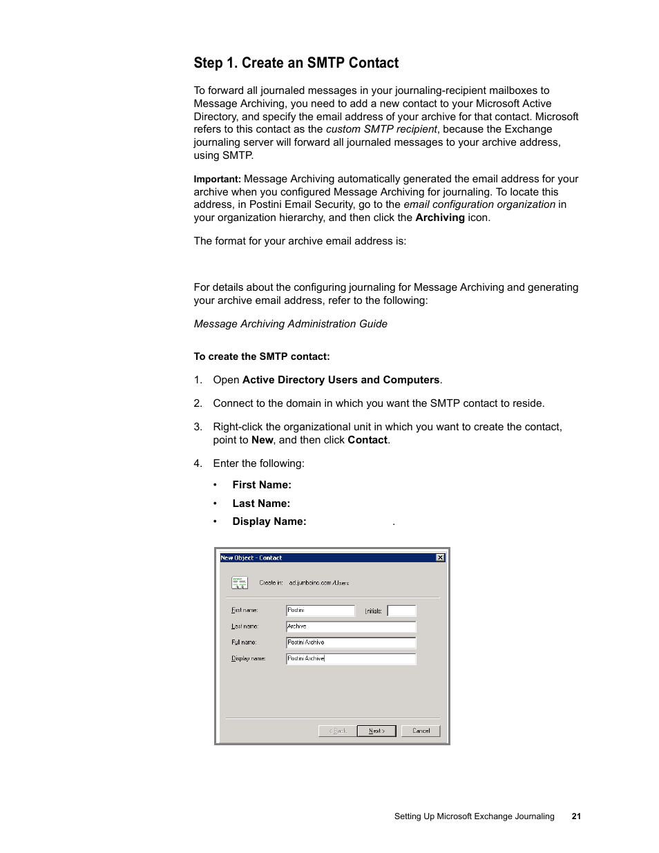 Step 1. create an smtp contact | Google Message Archiving Microsoft Exchange Journaling Configuration Guide For Exchange Server 2000 and 2003 User Manual | Page 17 / 43