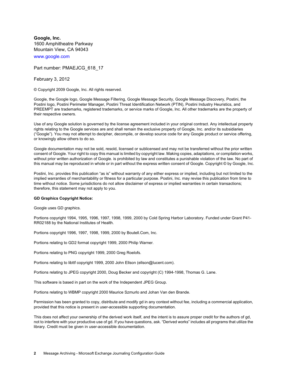 Google Message Archiving Microsoft Exchange Journaling Configuration Guide For Exchange Server 2000 and 2003 User Manual | Page 2 / 43