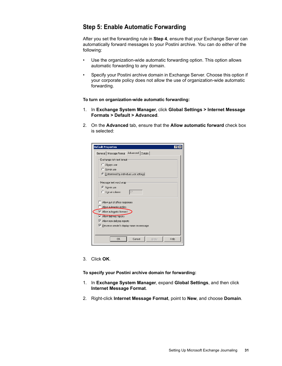 Step 5: enable automatic forwarding | Google Message Archiving Microsoft Exchange Journaling Configuration Guide For Exchange Server 2000 and 2003 User Manual | Page 27 / 43