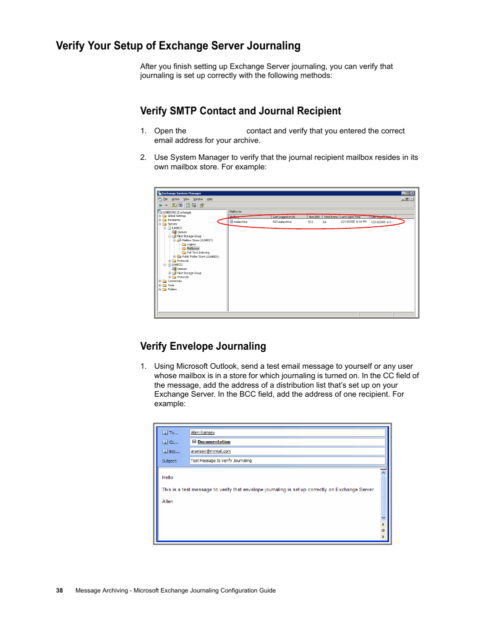 Verify your setup of exchange server journaling, Verify smtp contact and journal recipient, Verify envelope journaling | Google Message Archiving Microsoft Exchange Journaling Configuration Guide For Exchange Server 2000 and 2003 User Manual | Page 34 / 43