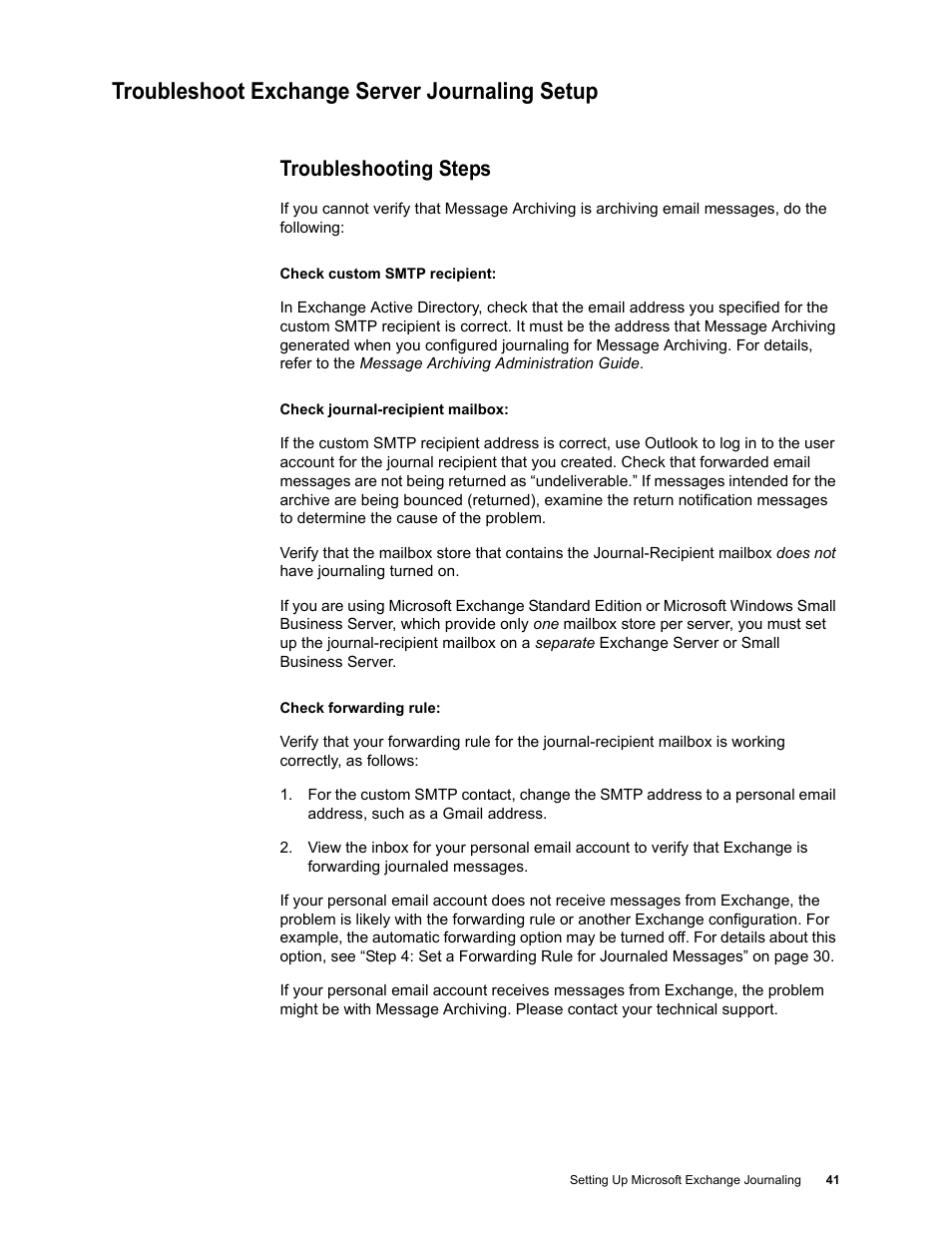 Troubleshoot exchange server journaling setup, Troubleshooting steps | Google Message Archiving Microsoft Exchange Journaling Configuration Guide For Exchange Server 2000 and 2003 User Manual | Page 37 / 43