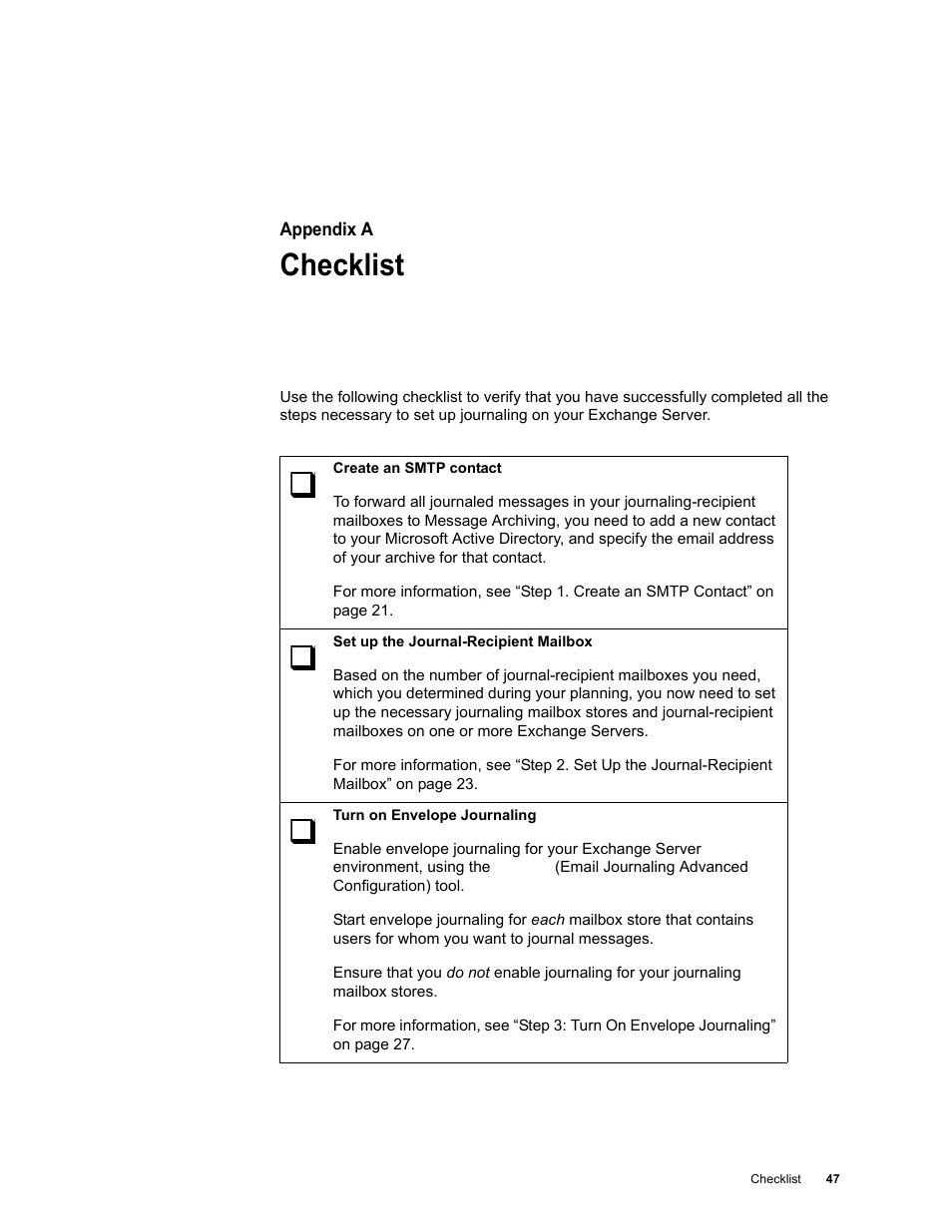 Checklist, Appendix a: checklist | Google Message Archiving Microsoft Exchange Journaling Configuration Guide For Exchange Server 2000 and 2003 User Manual | Page 42 / 43