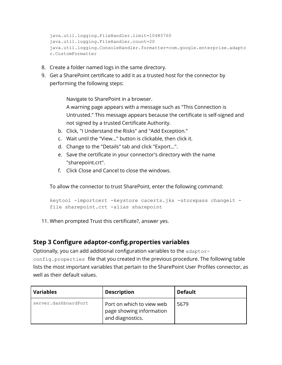 Configure adaptor-config.properties variables | Google Search Appliance Connectors Deploying the Connector for SharePoint User Profiles User Manual | Page 10 / 11