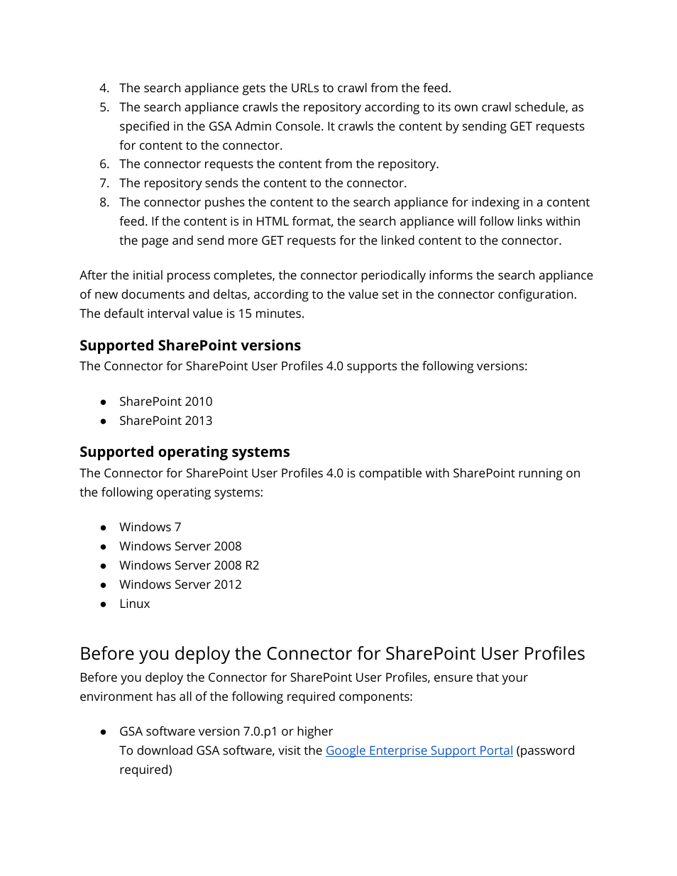 Supported sharepoint versions, Supported operating systems | Google Search Appliance Connectors Deploying the Connector for SharePoint User Profiles User Manual | Page 5 / 11