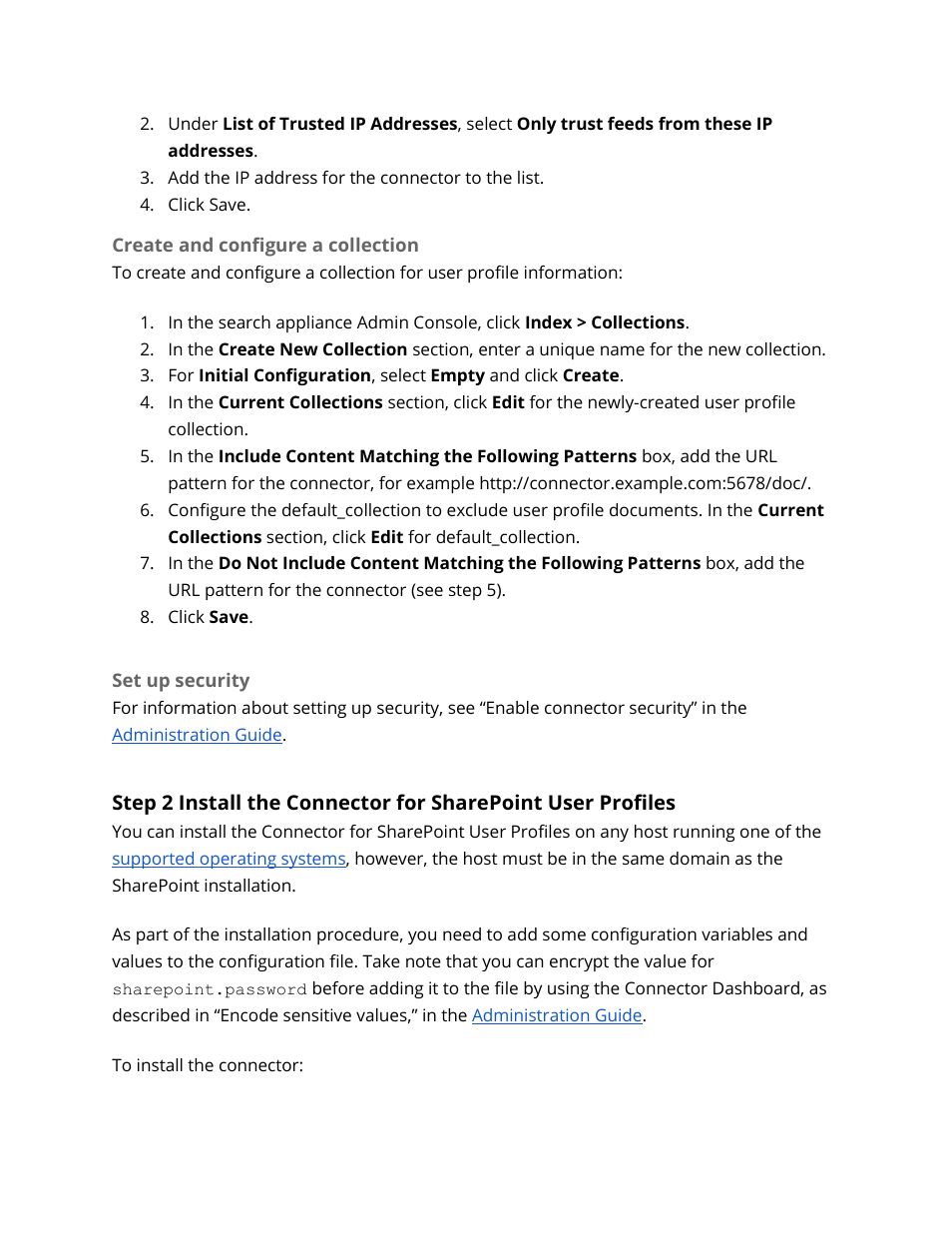 Create and configure a collection, Set up security, Install the connector for sharepoint user profiles | Google Search Appliance Connectors Deploying the Connector for SharePoint User Profiles User Manual | Page 8 / 11