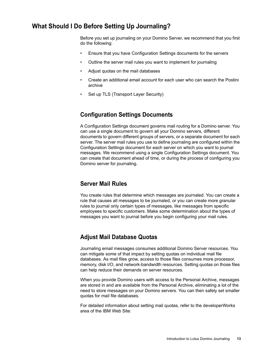 What should i do before setting up journaling, Configuration settings documents, Server mail rules | Adjust mail database quotas | Google Message Archiving Lotus Domino Journaling Configuration Guide For Domino Server 6.5.4 - 8.5 User Manual | Page 10 / 36