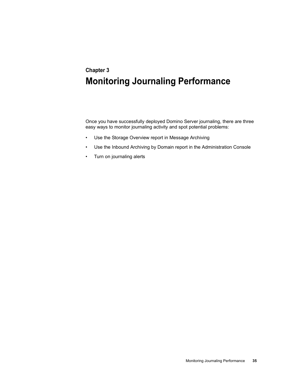 Monitoring journaling performance, Chapter 3: monitoring journaling performance | Google Message Archiving Lotus Domino Journaling Configuration Guide For Domino Server 6.5.4 - 8.5 User Manual | Page 31 / 36