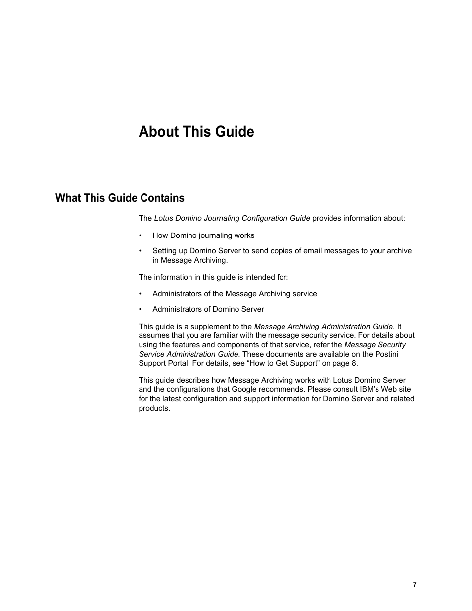 About this guide, What this guide contains, About this guide what this guide contains | Google Message Archiving Lotus Domino Journaling Configuration Guide For Domino Server 6.5.4 - 8.5 User Manual | Page 5 / 36
