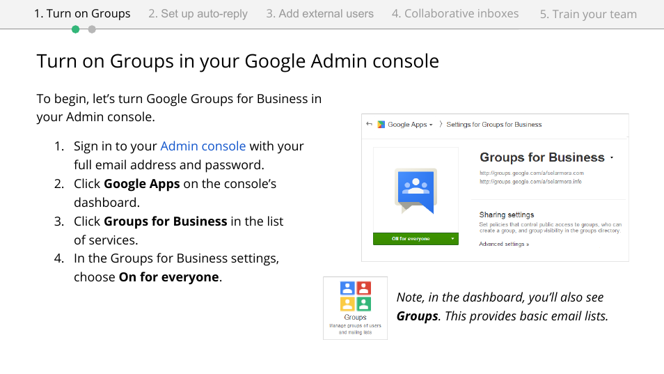Turn on groups in your google admin console | Google Groups setup for administrators User Manual | Page 4 / 20