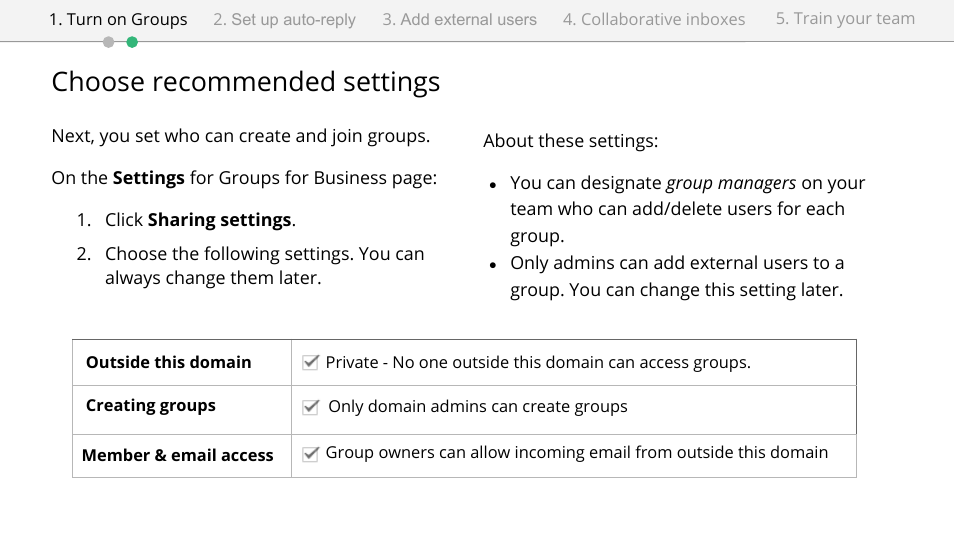 Choose recommended settings | Google Groups setup for administrators User Manual | Page 5 / 20