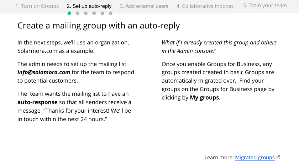 Create a mailing group with an auto-reply | Google Groups setup for administrators User Manual | Page 6 / 20