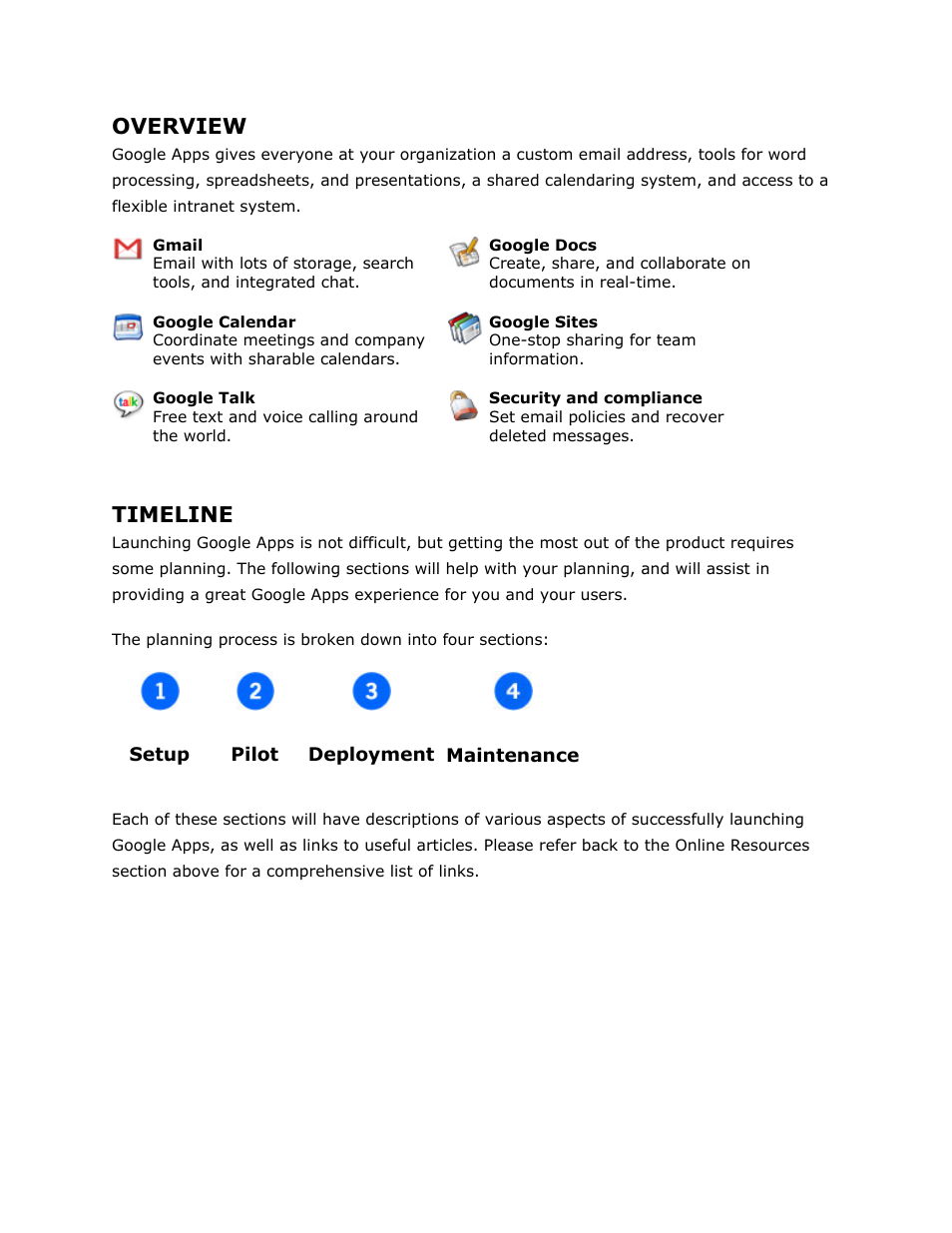 Overview, Timeline | Google Apps Premier Edition Reference Guide for Administrators User Manual | Page 4 / 8