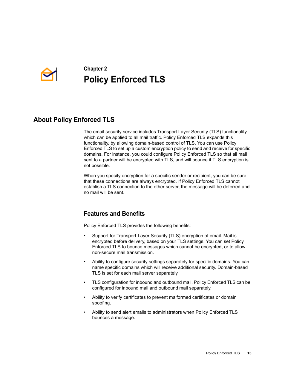 Policy enforced tls, About policy enforced tls, Features and benefits | Chapter 2: policy enforced tls | Google Message Encryption Administration Guide User Manual | Page 12 / 59