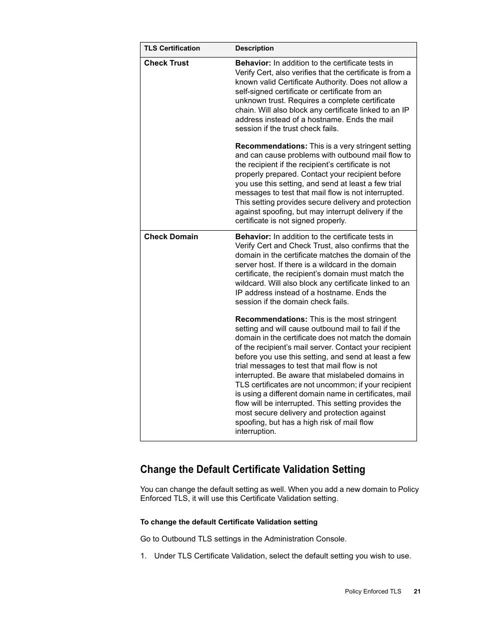 Change the default certificate validation setting | Google Message Encryption Administration Guide User Manual | Page 20 / 59