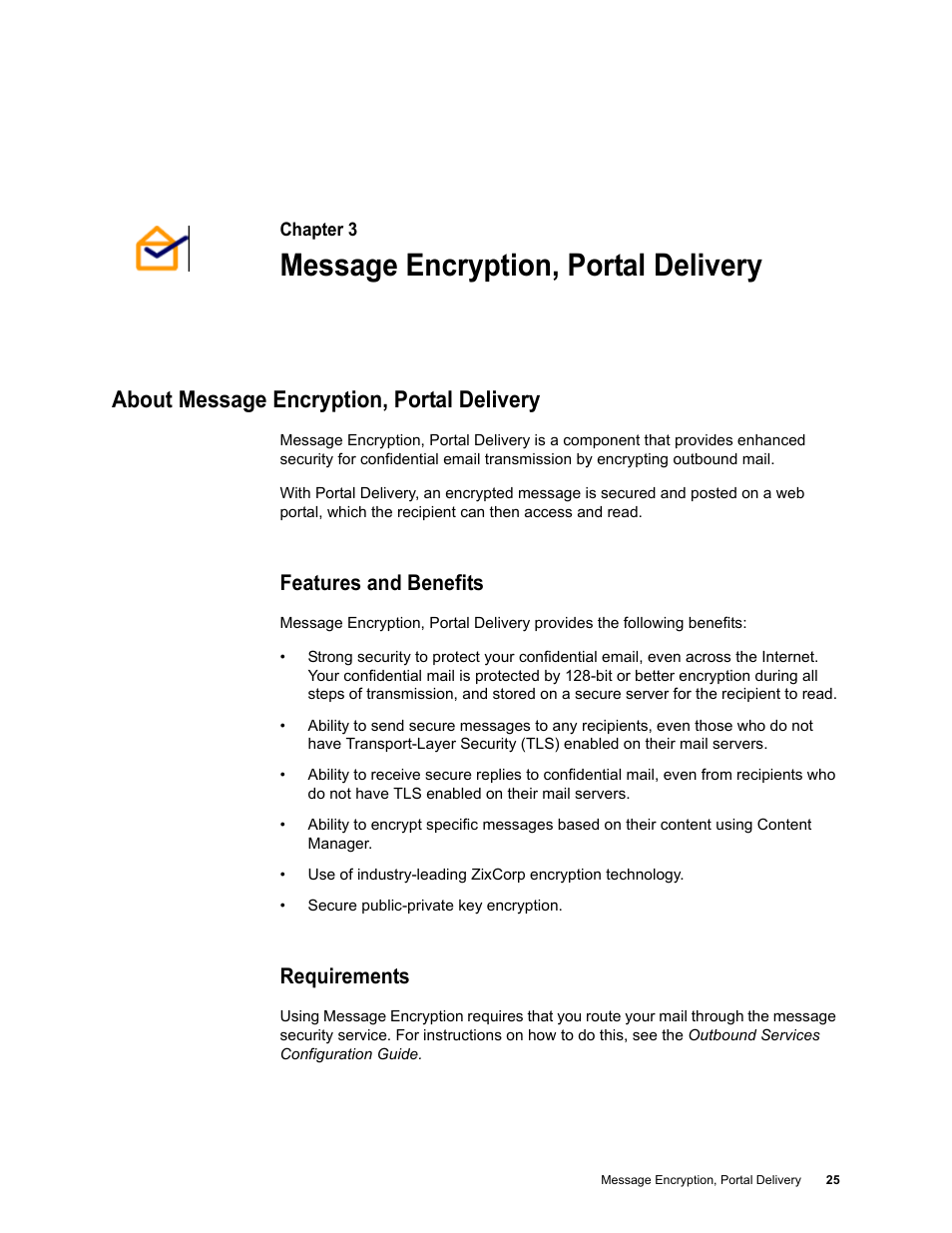 Message encryption, portal delivery, About message encryption, portal delivery, Features and benefits | Requirements, Chapter 3: message encryption, portal delivery | Google Message Encryption Administration Guide User Manual | Page 24 / 59
