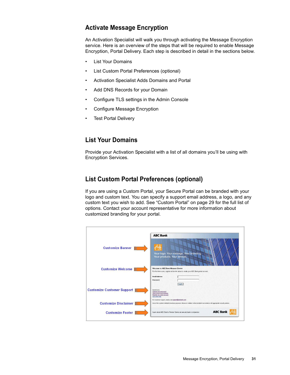 Activate message encryption, List your domains, List custom portal preferences (optional) | Google Message Encryption Administration Guide User Manual | Page 30 / 59