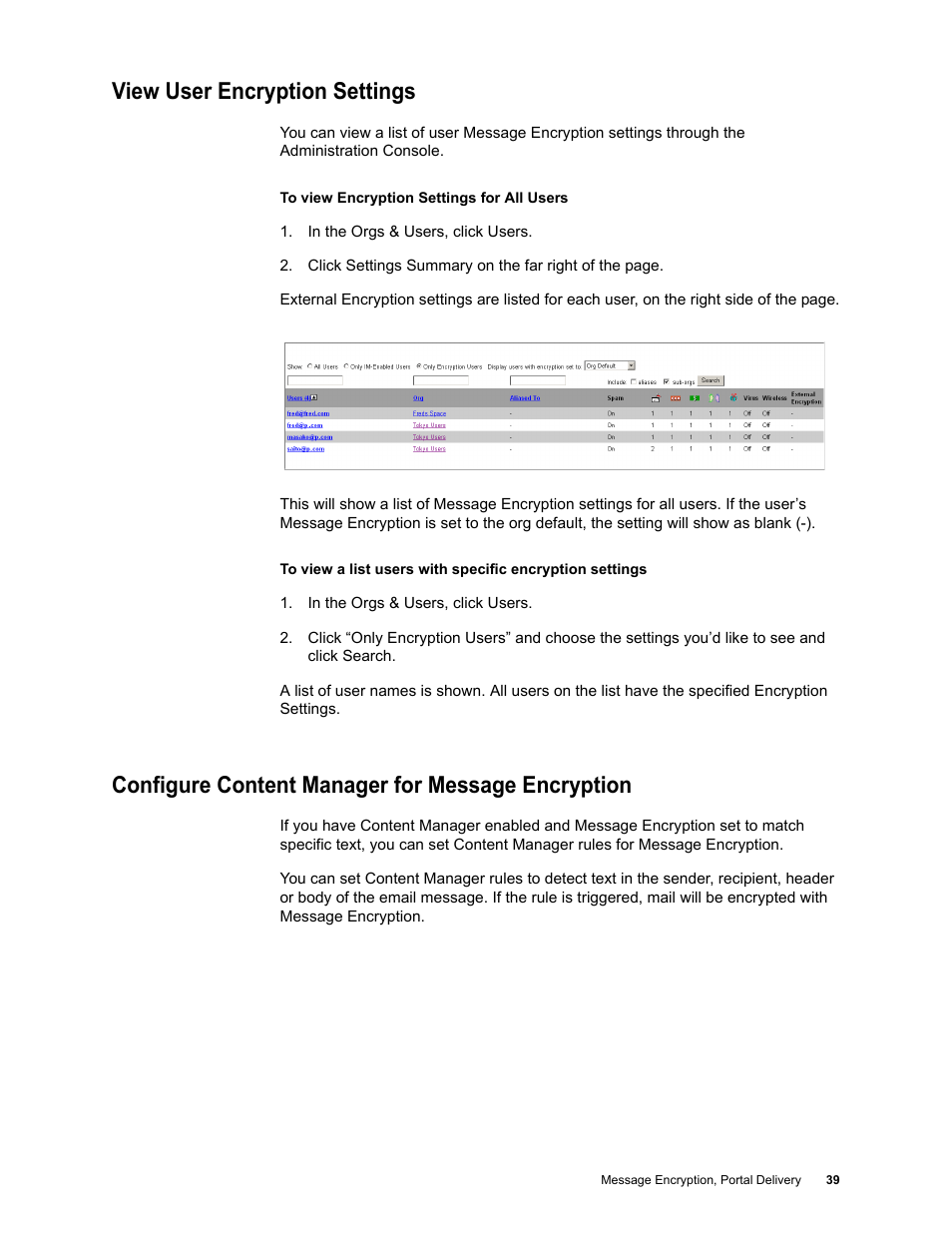 View user encryption settings, Configure content manager for message encryption | Google Message Encryption Administration Guide User Manual | Page 38 / 59